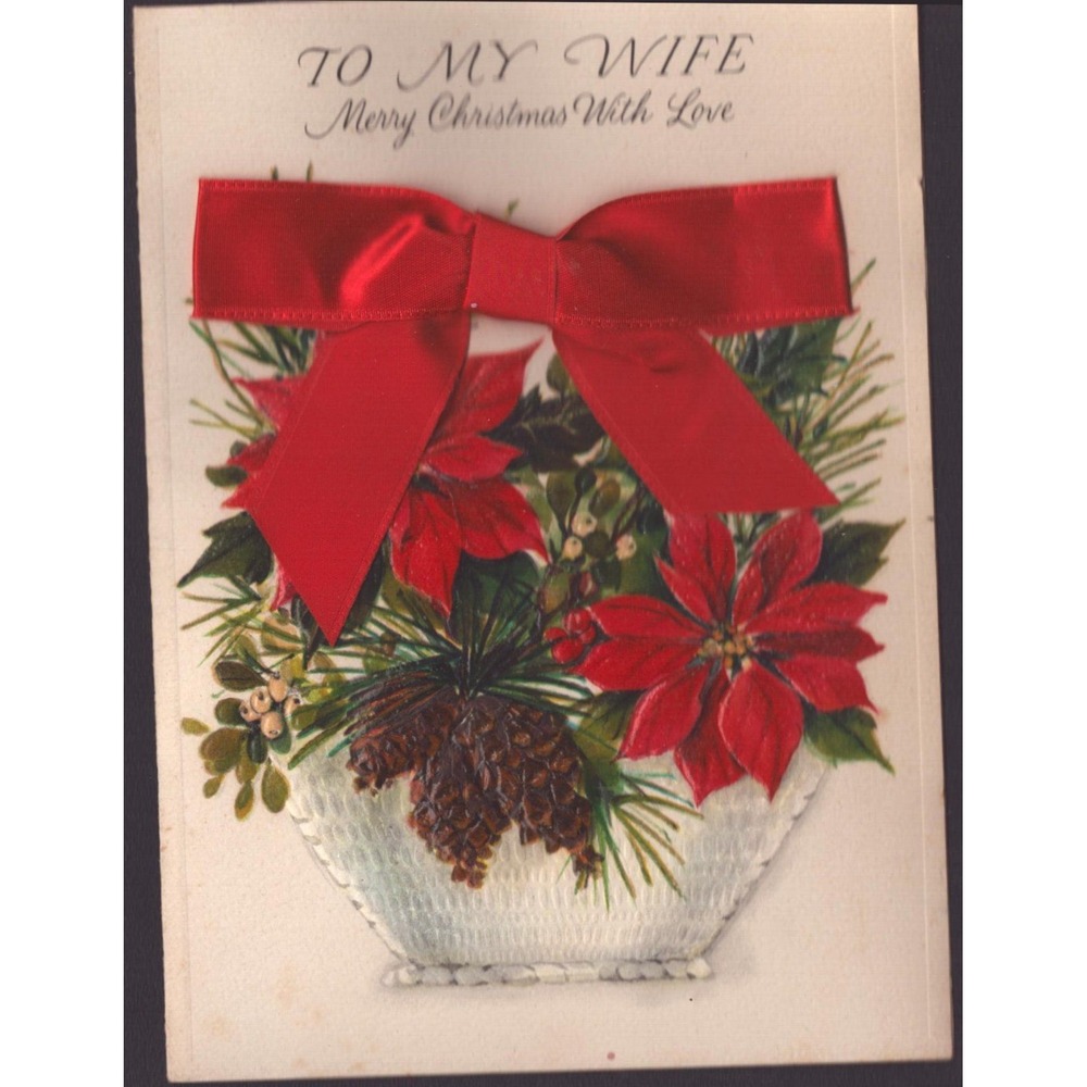 Vintage Hallmark Christmas Card To My Wife Poinsettia Red Satin Bow
